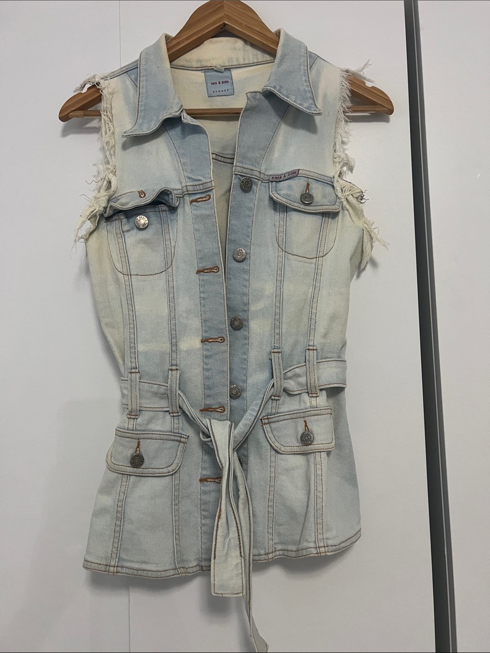 Sass & Bide Light Wash Denim Vest with Tie Belt